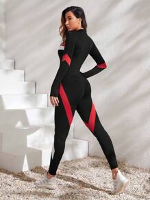 SHEIN Sport Studio Colorblock Zip Up Striped Print Sports Jumpsuit Full