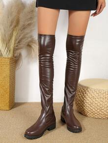 女性時尚圓頭過膝靴子帶粗跟,騎士風格,多用途適用於緊身腿,長款抹胸靴子,秋天&冬天