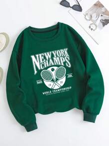 SHEIN LUNE Vợt Tennis Và Đồ họa Chữ cái Lót nhiệt Áo nỉ - màu xanh lá - Xem 1