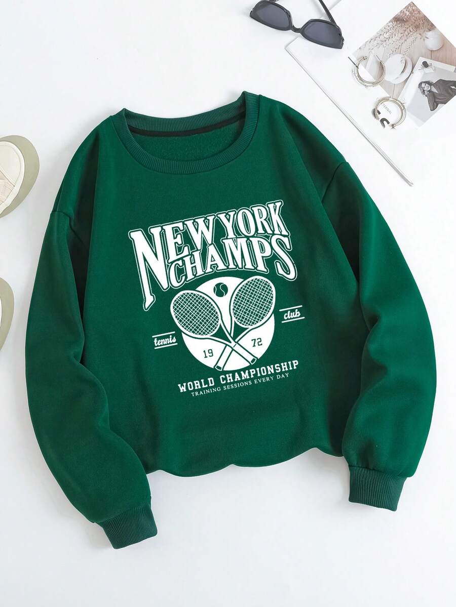 SHEIN LUNE Vợt Tennis Và Đồ họa Chữ cái Lót nhiệt Áo nỉ - màu xanh lá - Xem 1