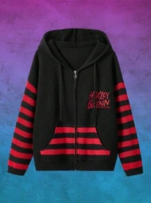 Harley Quinn | ROMWE Cardigan righe & motivo lettera spalle cadenti con zip con cappuccio - Multicolore - Visualizzare 3