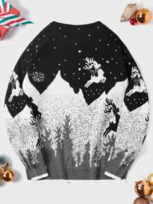 RueChic Men Christmas Pattern Drop Shoulder Sweater - Black - View 2