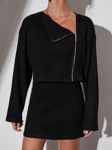 EURMUSE Waterfall Collar Drop Shoulder Jacket & Bodycon Skirt - Black - View 4