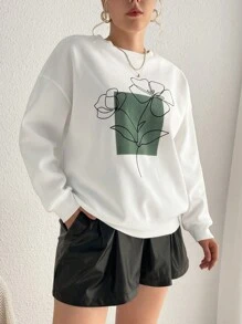 SHEIN Essnce Hơn In hoa Thả vai Áo nỉ - trắng - Xem 6