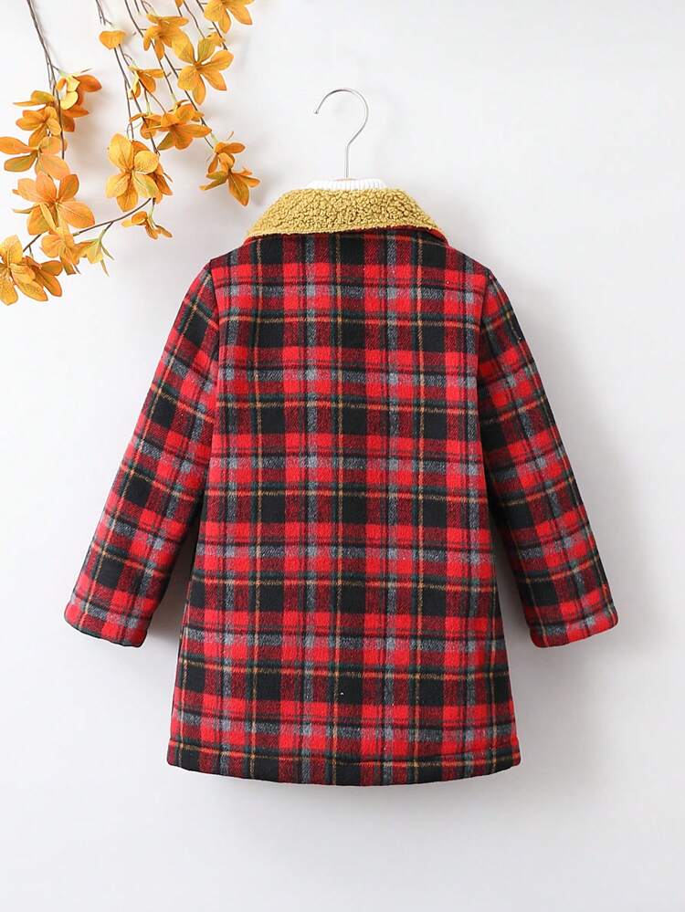 Young Boy 1pc Plaid Dual Pocket Teddy Lined Overcoat for Christmas