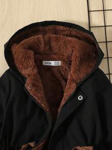 SHEIN Young Boy Letter Patched Detail Teddy Lined Hooded Coat - Black - View 6