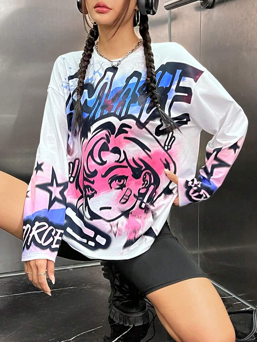 SHEIN Coolane Camiseta de hombros caídos con estampado de figura y letra - Blanco - Ver 1