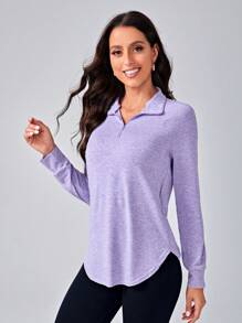 SHEIN Sovereign Charm 字母图案插肩袖四分之一拉链运动长袖运动衫拉链连帽衫秋季运动衫 - 淡紫色 - 查看 5