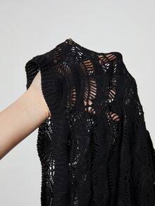 ROMWE Goth Plus Floral Embroidery Tie Front Cardigan - Black - View 6