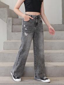 SHEIN Girls' Casual Distressed Washed Straight Leg Jeans - Grey - View 4
