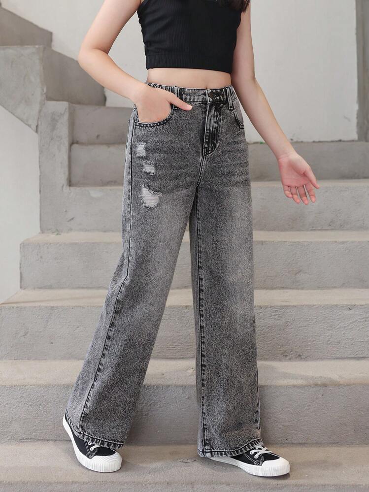SHEIN 女童休闲做旧水洗直筒牛仔裤 - 灰色 - 查看 4
