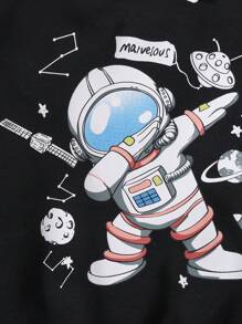 SHEIN 小男孩宇航員印花帶袋運動衫 - 黑色 - 查看 6