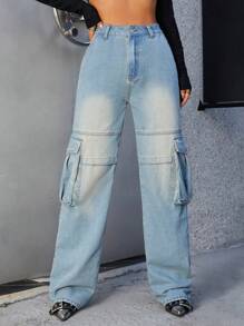 SHEIN ICON Flap Pocket Side Cargo Jeans - Blue - View 1