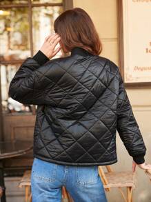 SHEIN Frenchy 纯色拉链短款绗缝加厚外套 - 黑色 - 查看 2