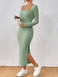 SHEIN Frenchy 方領高衩緊身洋裝 - 薄荷綠 - 查看 1