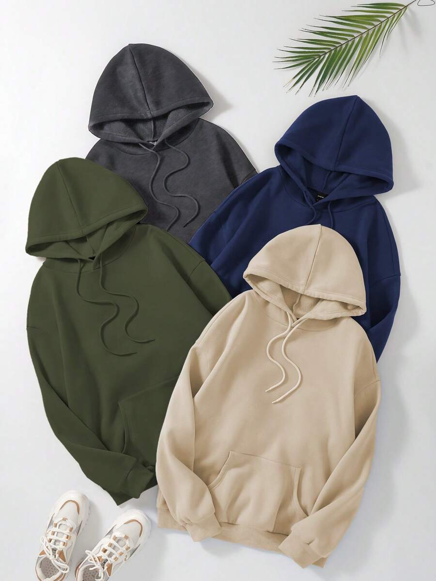 SHEIN Unity 4入組袋鼠口袋抽繩加絨內裏連帽衫 - 彩色 - 查看 1