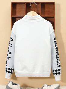 SHEIN Tween Boy Letter & Figure Pattern Drop Shoulder Sweater Without Shirt,In Fall/Winter - Black and White - View 2
