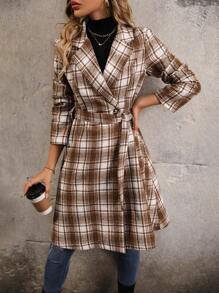 SHEIN Clasi Plaid Print Lapel Neck Belted Overcoat Fall Cloth For Women - Khaki - View 5