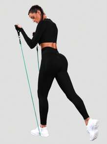 Easithlete 无缝高弹力运动 T 恤和弹力运动 T 恤和紧身裤 健身套装 女士健身套装 女士健身套装 女士紧身裤套装 - 黑色 - 查看 4