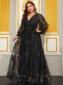 YISIKADO Plus Size Sequin Women Chiffon Dress Deep V Neck Tie Front Long Sleeve Prom Party Dress Wedding Guest Birthday Banquet Graduation Anniversary Dinner Celebration Ceremonial Dress Formal Dress Evening Dress - Black - View 5