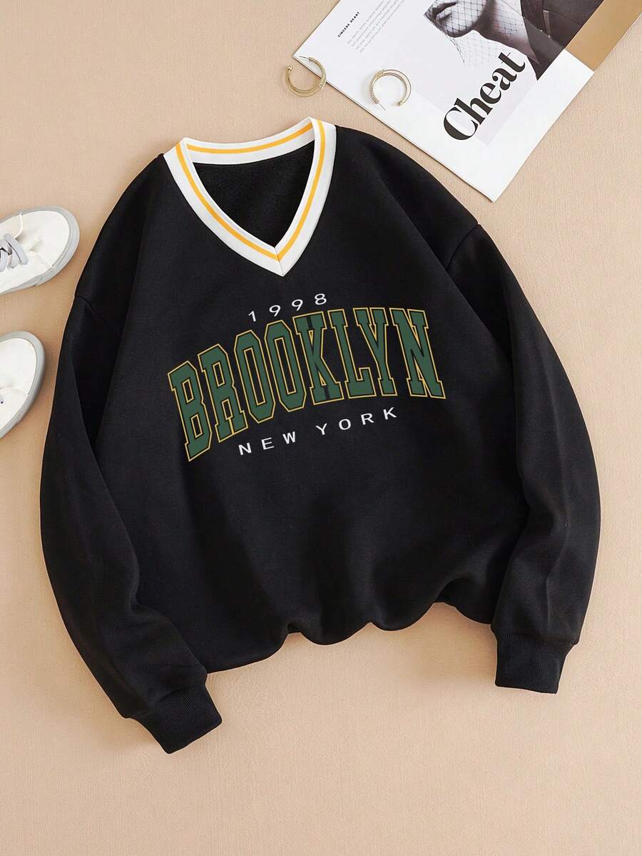 SHEIN EZwear 字母圖案條紋飾邊加絨內裏運動衫 - 黑色 - 查看 1