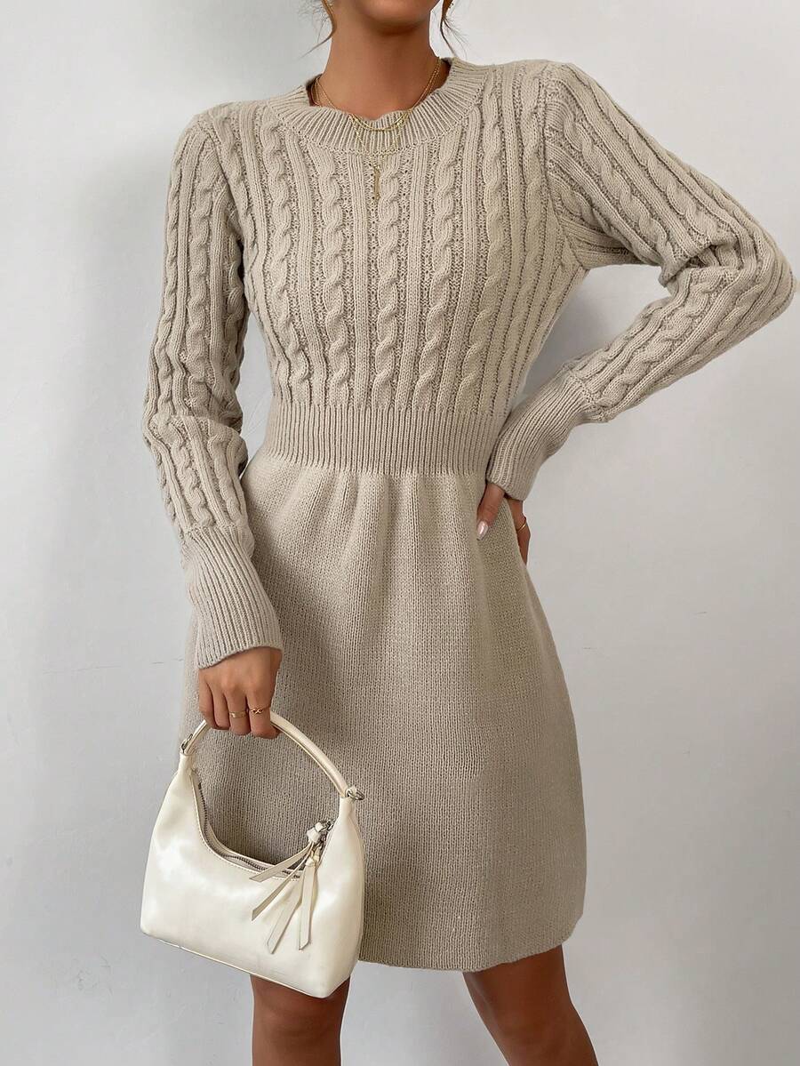 SHEIN Privé Vestido de punto unicolor tejido de cable - Caqui - Ver 1