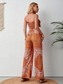 SHEIN VCAY 印花前打結抹胸上衣&闊腿褲 - 橘色 - 查看 2