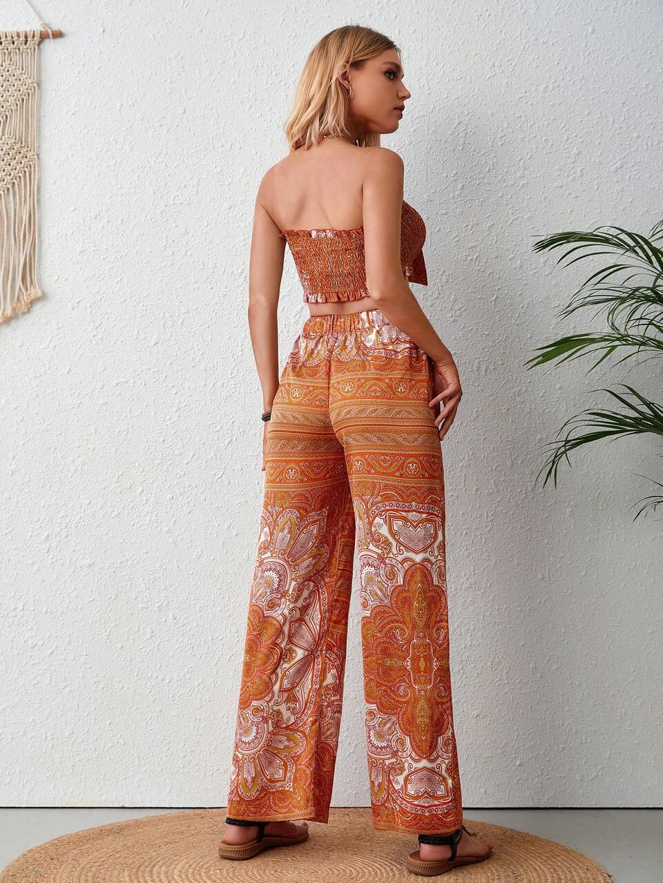 Floral Print Knot Front Tube Top & Wide Leg Pants