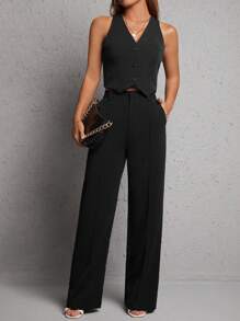 SHEIN PETITE Button Front Vest Blazer & Wide Leg Pants In Fall/Winter - Black - View 4