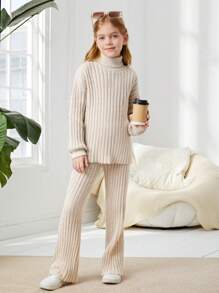 SHEIN Cô gái Tween Áo cao cổ Thả vai Áo len & Quần dệt kim - Màu be - Xem 5