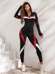 SHEIN Sport Studio Colorblock Zip Up Striped Print Sports Jumpsuit Full