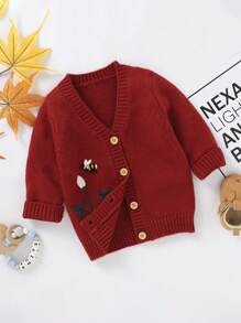 Baby Girl Bee & Floral Embroidery Button Front Cardigan - Burgundy - View 1