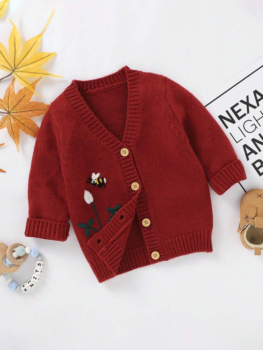 Baby Girl Bee & Floral Embroidery Button Front Cardigan - Burgundy - View 1
