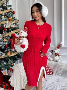 SHEIN Unity Xoắn Dan Trang trí Fuzzy Đầm Áo len - Đỏ - Xem 6
