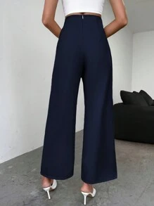 SHEIN Essnce 素色高腰闊腿褲 - 藏蓝色 - 查看 2