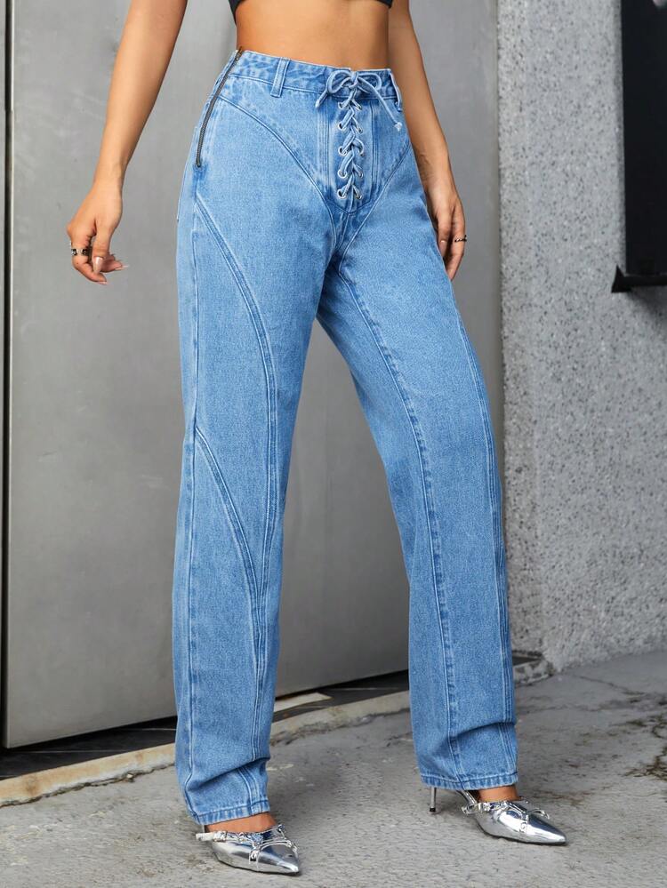 Lace Up Front Straight Leg Jeans