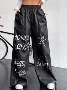 StreetHx Star & Letter Graphic Drawstring Hem Wide Leg Pants Fall Cloth For Women - Black - View 4
