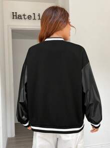 SHEIN EZwear Letter Patched Striped Trim Drop Shoulder Varsity Jacket - Black - View 2