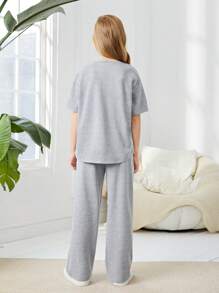 SHEIN Tween Girl Letter Patched Detail Tee & Pants - Light Grey - View 2