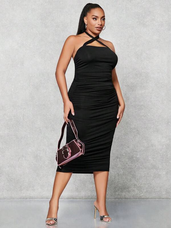 SHEIN BAE Top halter cruzado y falda lápiz fruncida de talla grande