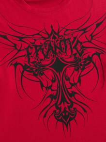 ROMWE MEN Grunge Punk 男士字母图案拼色二合一 T 恤，学校 - 紅色 - 查看 3