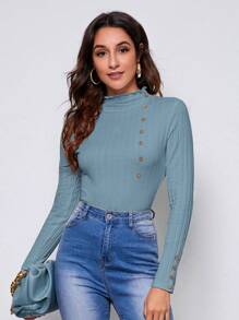 SHEIN Privé 木耳邊紐扣細節條紋針織T恤 - 霧霾藍 - 查看 1