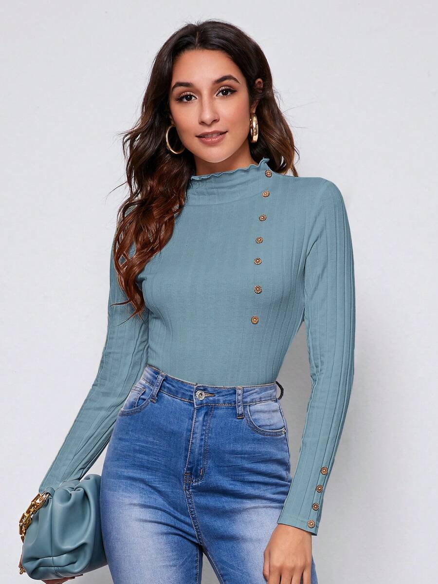 SHEIN Privé 木耳邊紐扣細節條紋針織T恤 - 霧霾藍 - 查看 1