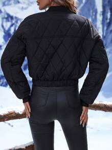 SHEIN LUNE 斜插口袋落肩袖飛行員夾克 - 黑色 - 查看 2