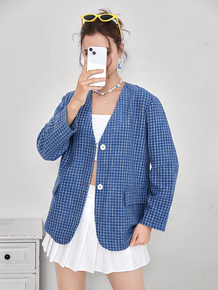 SHEIN EZwear 格紋印花翻蓋細節前紐扣西裝外套 - 藍色 - 查看 1