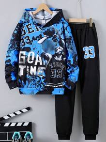 SHEIN 男大童人物和字母圖案連帽衫和運動褲 - 彩色 - 查看 1