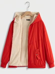SHEIN EZwear Plus Zip Up Thermal Lined Hooded Jacket - Red - View 1