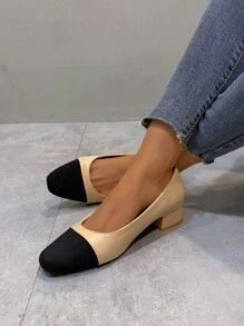 方頭粗跟PU皮革高跟鞋 - 杏色 - 查看 3