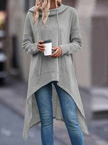 EMERY ROSE Kangaroo Pocket Drop Shoulder Drawstring Hoodie - Grey - View 5
