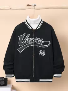 SHEIN Cậu bé Tween Đồ họa Chữ cái Sọc trang trí Lót nhiệt Áo khoác Đại học Không có áo len - màu đen - Xem 3